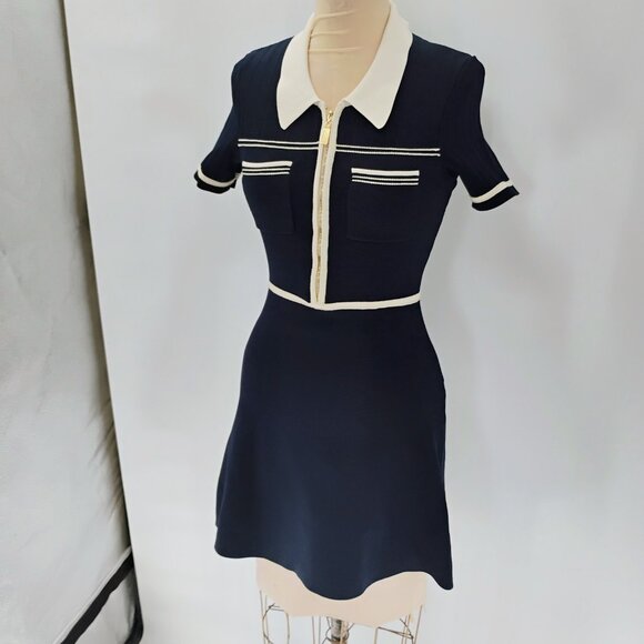 Sandro Two Tone Knit Dress Size 38 in Ecru/Marine - Picture 7 of 16